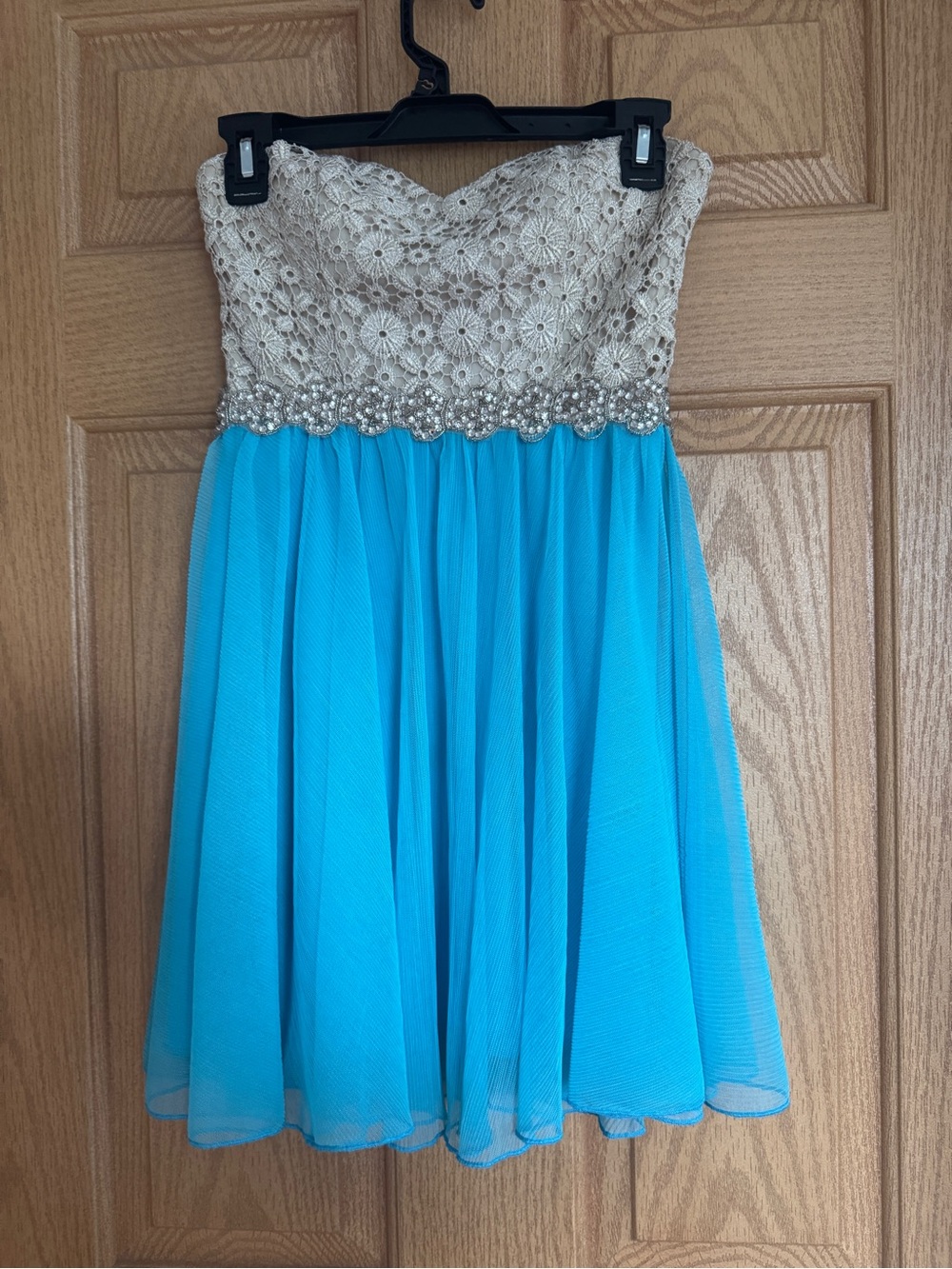 Jodi Kristopher Strapless Lace Chiffon Party Dress Rhinestone Waist Blue